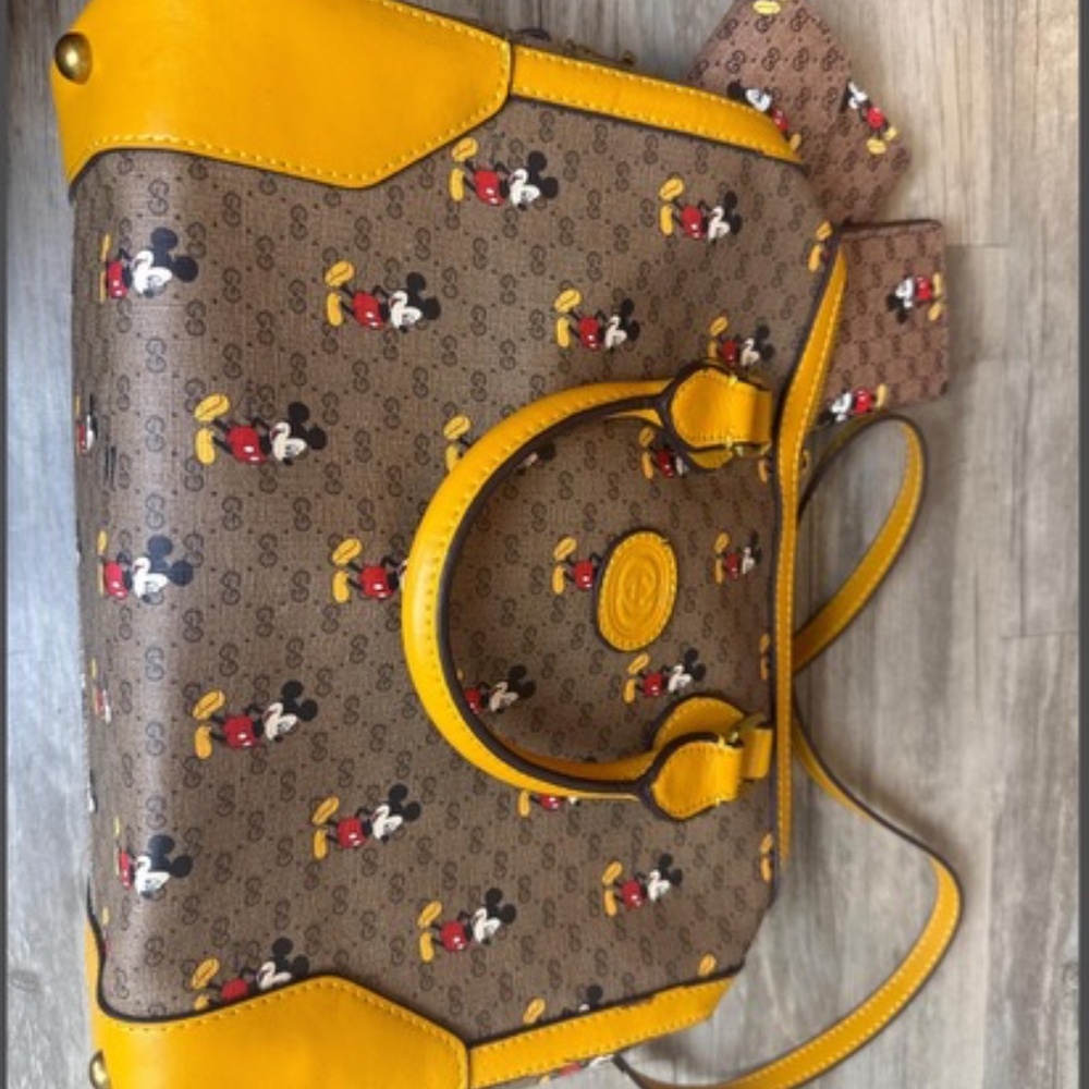 Gucci x Disney Mickey Mouse GG Supreme Tote Bag Set Yellow Leather Trim Satchel - Picture 11 of 11
